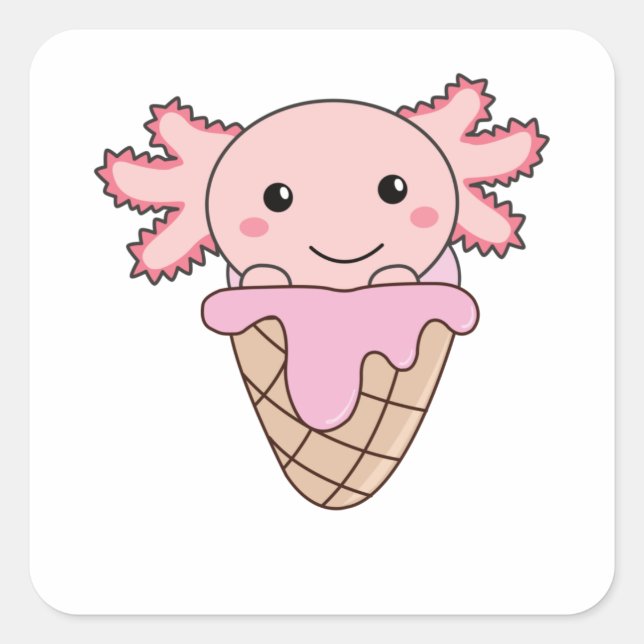 Adesivo Quadrado Animais Doce De Waffle De Sorvete Rosa Axolotl (Frente)