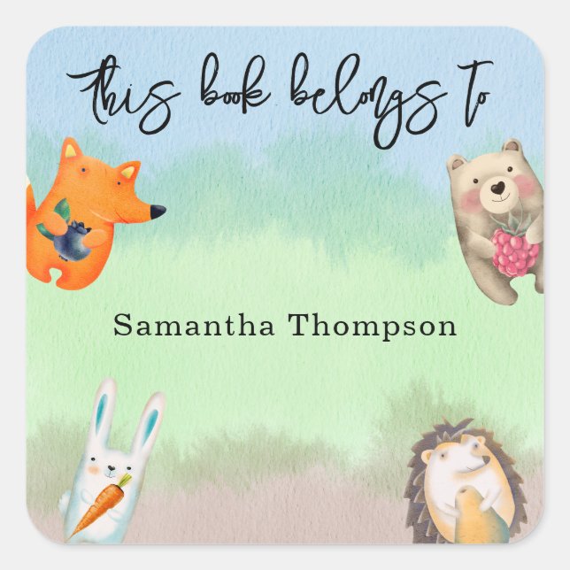 Adesivo Quadrado Animais florestais - este livro pertence a (Frente)