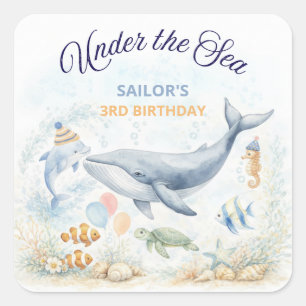 Adesivo Quadrado Animais Marinhos do Fundo do Mar Baleia Aniversári