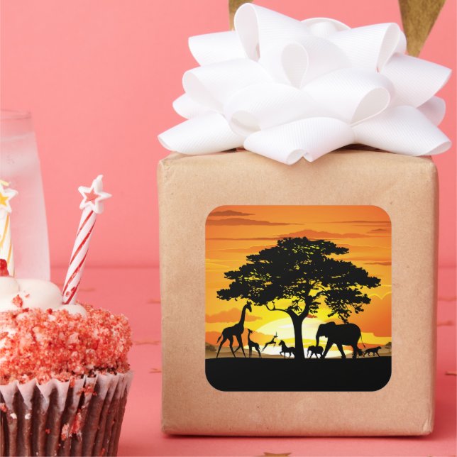 Adesivo Quadrado Animais Selvagens no Sunset da savana africana (Festa)