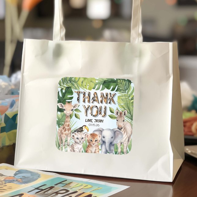 Adesivo Quadrado Animais Selvagens Protegidos Obrigado A Favor (Safari Themed birthday goody bag thank you stickers)