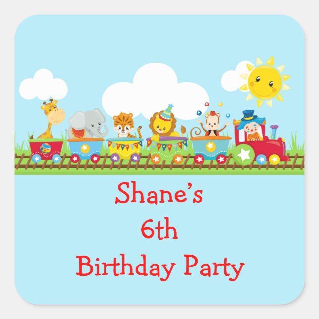 Adesivo Quadrado Animal Circus Train Kids Birthday in Red (Frente)