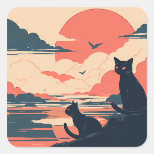 Adesivo Quadrado Anime Black Cats no Sunset - Estilo Japonês