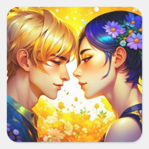 Adesivo Quadrado Anime Boy and Girl in Love Romantic Flirty
