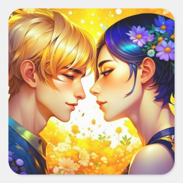 Adesivo Quadrado Anime Boy and Girl in Love Romantic Flirty (Frente)
