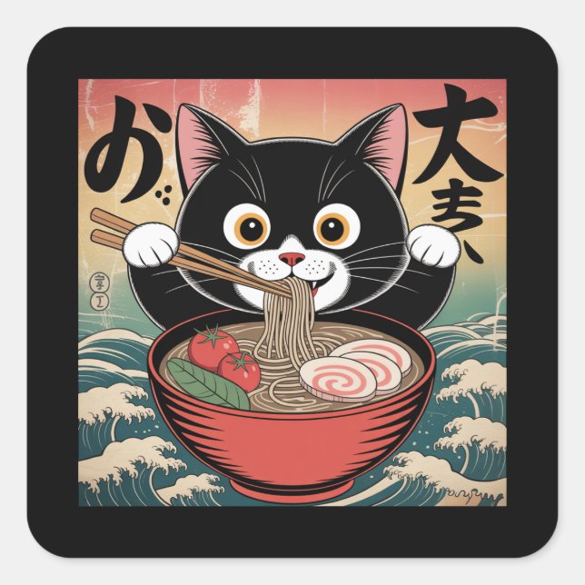 Adesivo Quadrado Anime Cat Comendo Ramen Engraçado Estilo Retroativ (Frente)