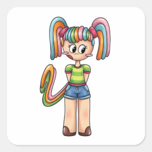 Adesivo Quadrado Anime Chibi Menina Doce Arco-Íris Cabelo Colorido