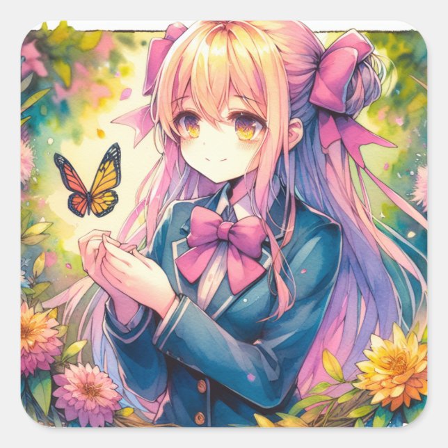 Adesivo Quadrado Anime Girl and Butterfly Ai Art (Frente)