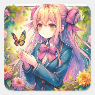 Adesivo Quadrado Anime Girl and Butterfly Ai Art