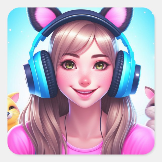 Adesivo Quadrado Anime Girl com Fones de ouvido de jogos (Frente)