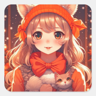 Adesivo Quadrado Anime Girl com Orange Kitten Natal