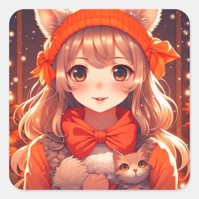 Adesivo Quadrado Anime Girl com Orange Kitten Natal (Frente)