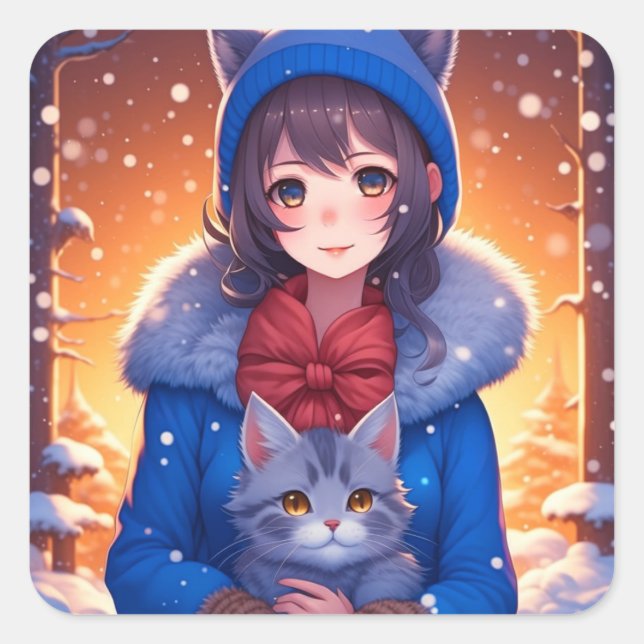Adesivo Quadrado Anime Girl e Kitten Winter Christmas (Frente)