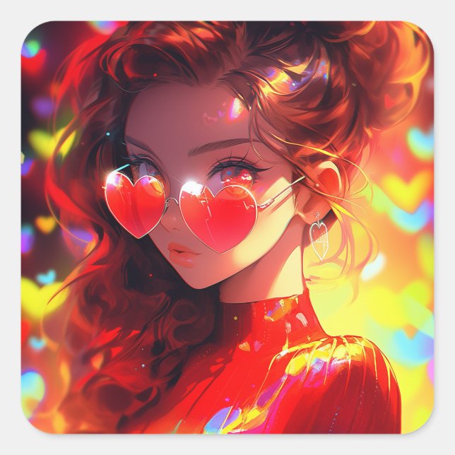 Adesivo Quadrado Anime Girl Hearts (Frente)