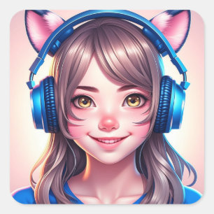 Adesivo Quadrado Anime Girl in Gaming or Music Fones de ouvido