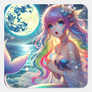 Adesivo Quadrado Anime Girl Singing Moonlight Pixie Rainbow Mermaid