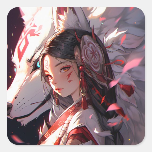 Adesivo Quadrado Anime Kitsune Girl Cute Fox Fantasy Art (Frente)