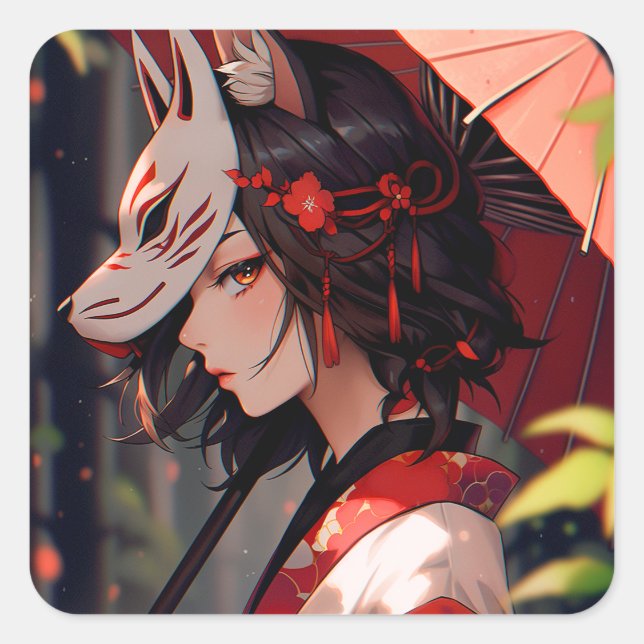 Adesivo Quadrado Anime Kitsune Girl Cute Fox Fantasy Art (Frente)