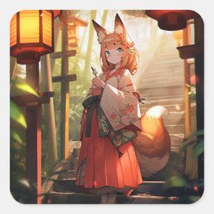 Adesivo Quadrado Anime Kitsune Girl Cute Fox Fantasy Art