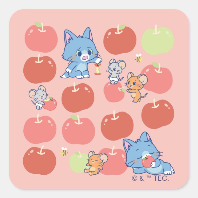 Adesivo Quadrado Anime Tom, Jerry e Tuffy Apple Pattern (Frente)