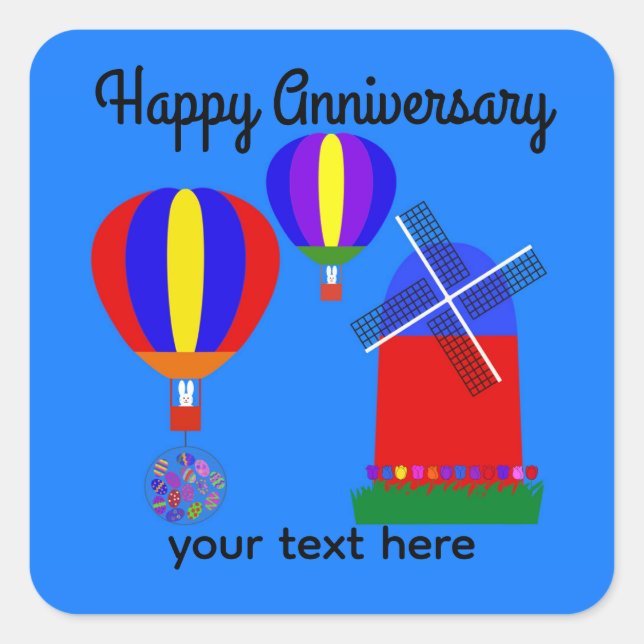 Adesivo Quadrado Aniversário Bunny Hot Air Balloon #1 Stickers (Frente)