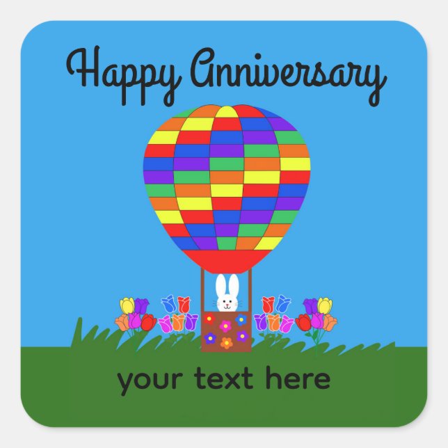 Adesivo Quadrado Aniversário Bunny Hot Air Balon #3 Stickers (Frente)