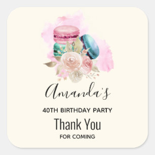 Adesivo Quadrado Aniversário Colorido de Macarões e Flores