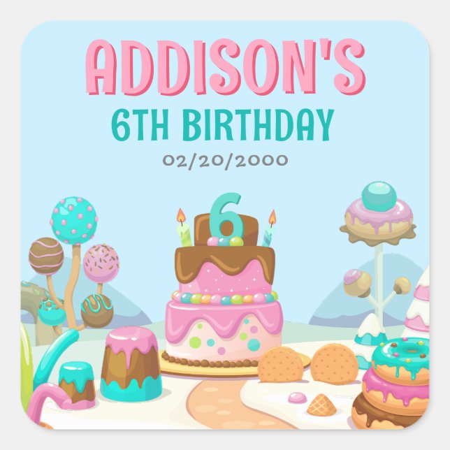 Adesivo Quadrado Aniversário da Candyland da Doce-doce (Frente)