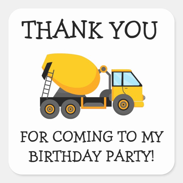 Adesivo Quadrado Aniversário da Criança de Caminhão Amarelo Obrigad (Frente)