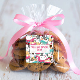 Adesivo Quadrado Aniversário da Festa de Piscina de Gatos Kawaii Ro