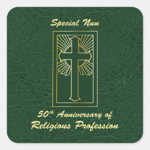 Adesivo Quadrado Aniversário da freira 50th do verde religioso da