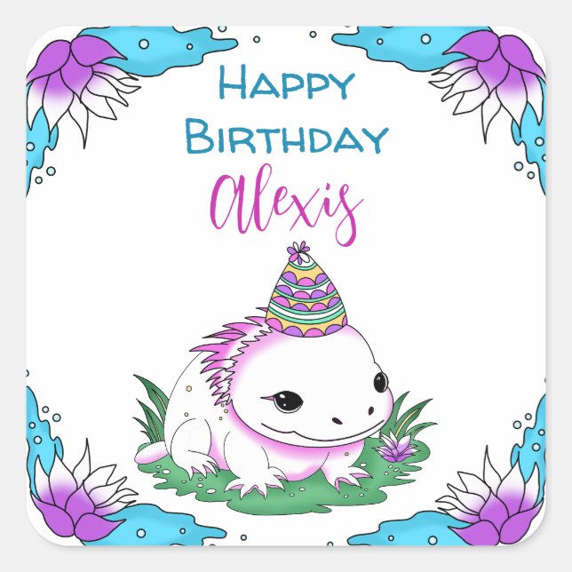 Adesivo Quadrado Aniversário da Menina Ameaçada Axolotl Personaliza (Frente)