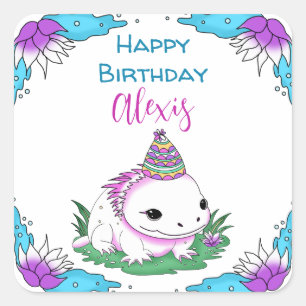 Adesivo Quadrado Aniversário da Menina Ameaçada Axolotl Personaliza