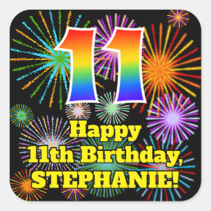 Adesivo Quadrado Aniversário de 11: Fogos de artifício divertidos