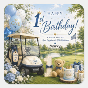 Adesivo Quadrado Aniversário de 1 ano de golfe com carrinho de golf