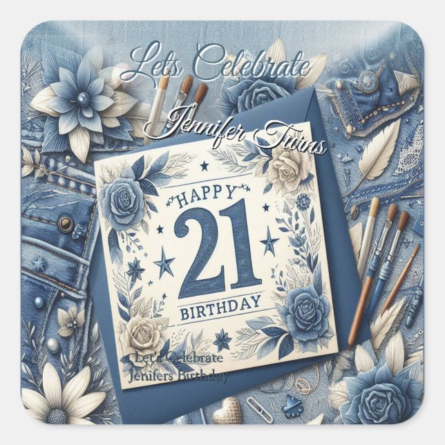 Adesivo Quadrado aniversário de 21 anos Almond floresce creme azul (Frente)