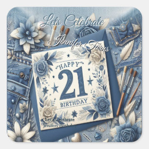 Adesivo Quadrado aniversário de 21 anos Almond floresce creme azul