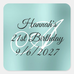 Adesivo Quadrado Aniversário de 21 anos com Monograma Glam Teal Pál
