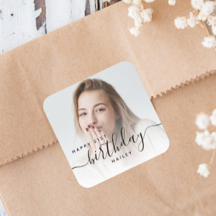 Adesivo Quadrado Aniversário de 21 anos de Script de Foto Preto Per