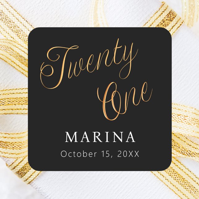 Adesivo Quadrado Aniversário de 21 anos de script de nome ouro pret (Criador carregado)