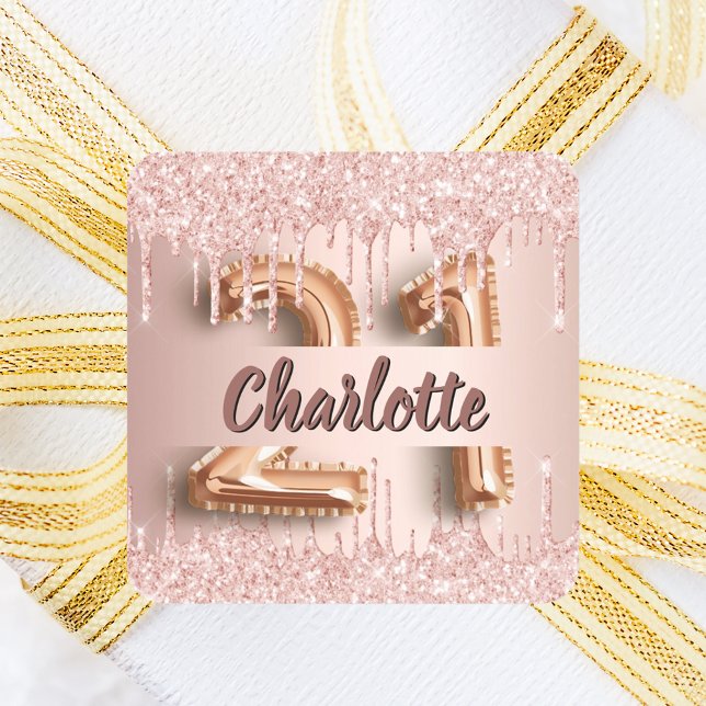 Adesivo Quadrado aniversário de 21 anos rosa dourado (Criador carregado)