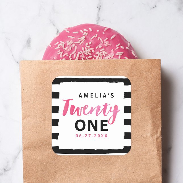 Adesivo Quadrado Aniversário de 21 anos rosa-preto-e-branco (Criador carregado)