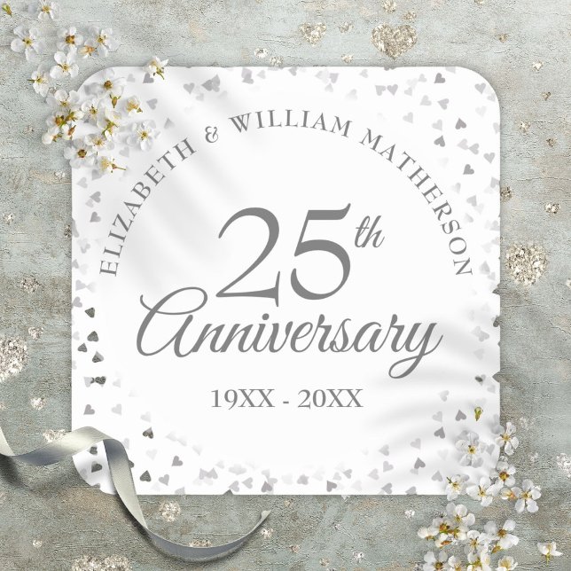 Adesivo Quadrado Aniversário de 25 anos de Casamento Confetes de Co (25th Wedding Anniversary Silver Hearts Confetti Square Sticker)