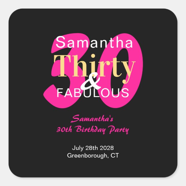 Adesivo Quadrado aniversário de 30 anos 30 e Fabuloso Partido Preto (Frente)