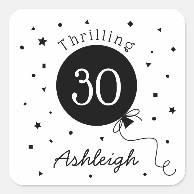 Adesivo Quadrado Aniversário de 30 anos brilhante branco preto (Frente)