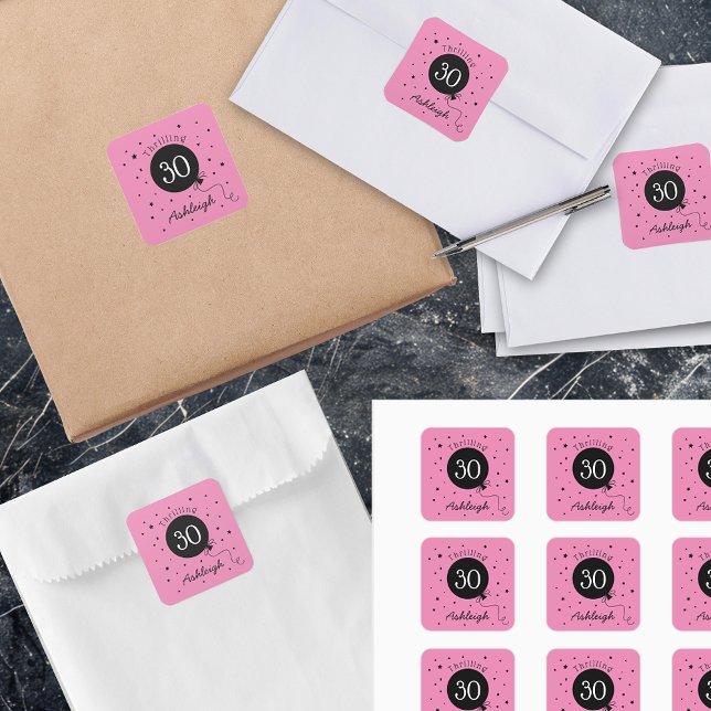 Adesivo Quadrado Aniversário de 30 anos preto rosa (Criador carregado)