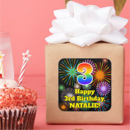Adesivo Quadrado aniversário de 3 anos: Vista de fogos de artifício