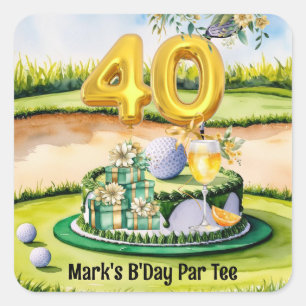 Adesivo Quadrado Aniversário de 40 anos de golfe com bolo no campo