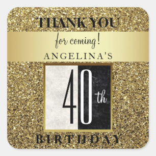 Adesivo Quadrado aniversário de 40 anos Glitter Dourado Obrigado
