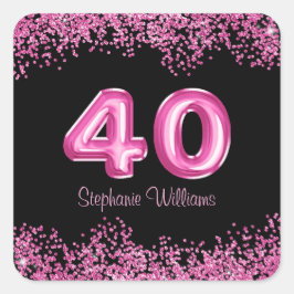 Adesivo Quadrado aniversário de 40 anos preto, balões rosa | Diminu